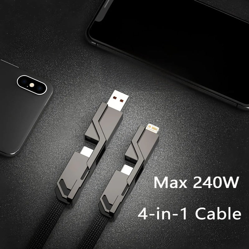 4-in-1 fast charging cable with USB-A, Type-C and Lightning connectors, black braided