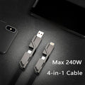 4-in-1 charging cable connector heads next to a smartphone
