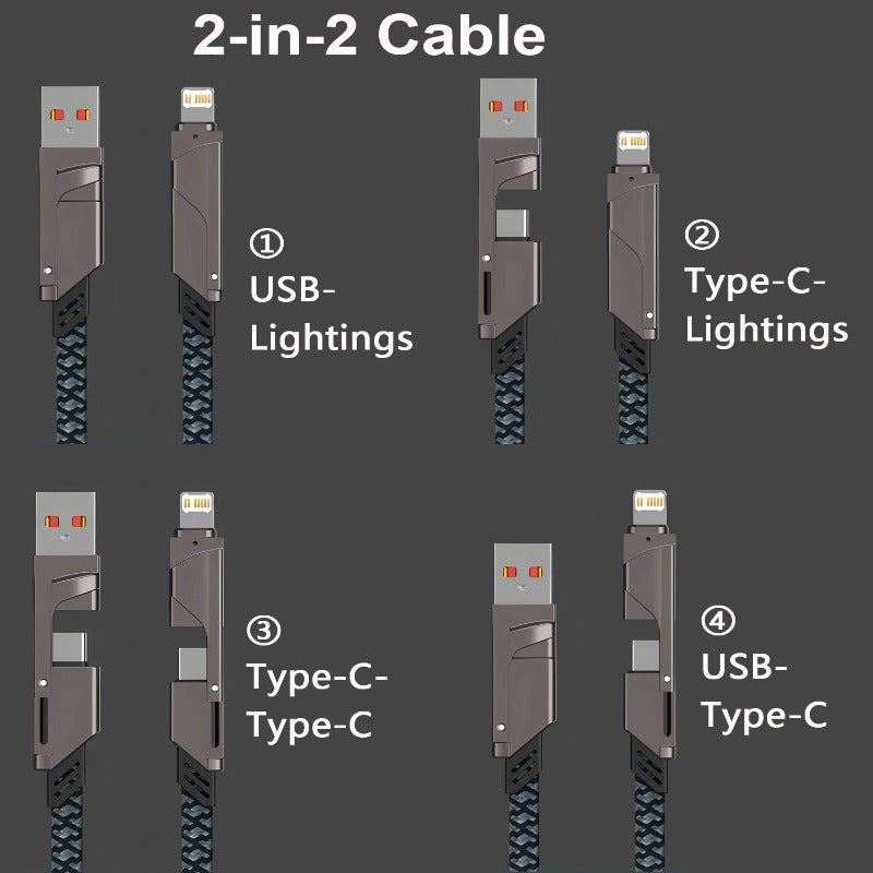 Four charging combinations of the 4-in-1 cable: USB-A or Type-C to Type-C or Lightning