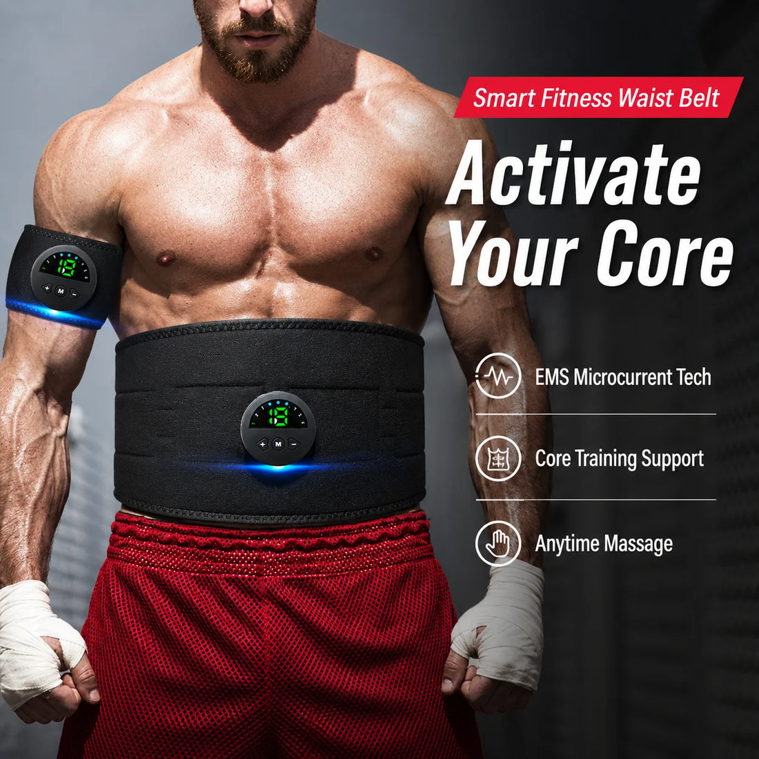 EMS abs toning belt with LED controller worn around the waist