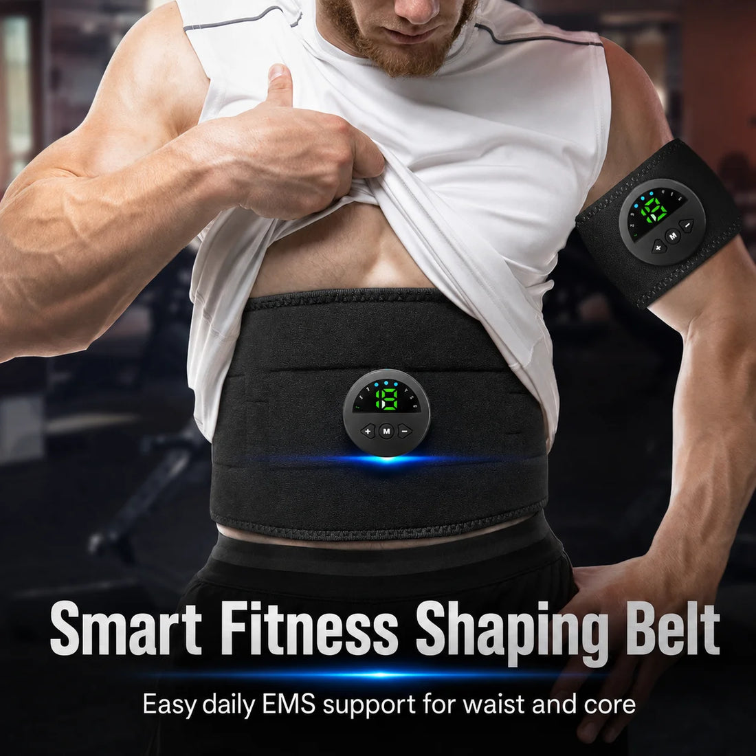 EMS abs toning belt with LED controller worn around the waist