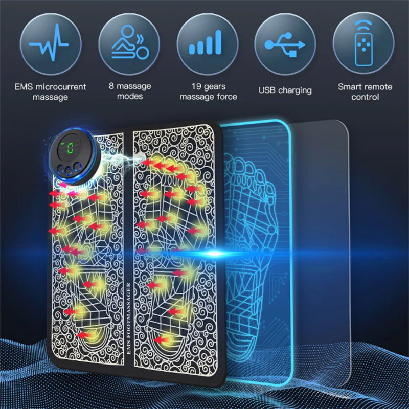EMS foot massager mat with 8 massage modes and 19 intensity levels