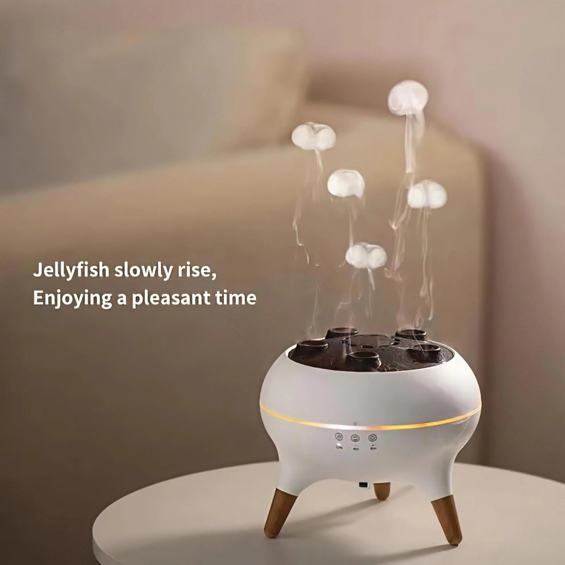 Jellyfish aroma diffuser with mist jellyfish rising, white body and wooden legs