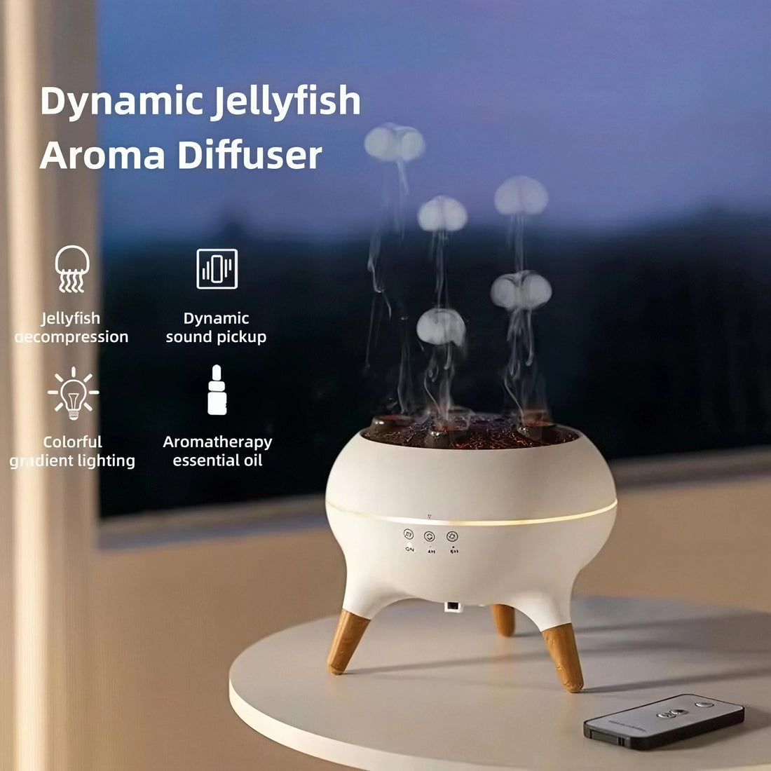 Jellyfish aroma diffuser with mist jellyfish rising, white body and wooden legs