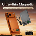 Ultra-thin magnetic wireless power bank with lanyard and digital screen attached to a phone