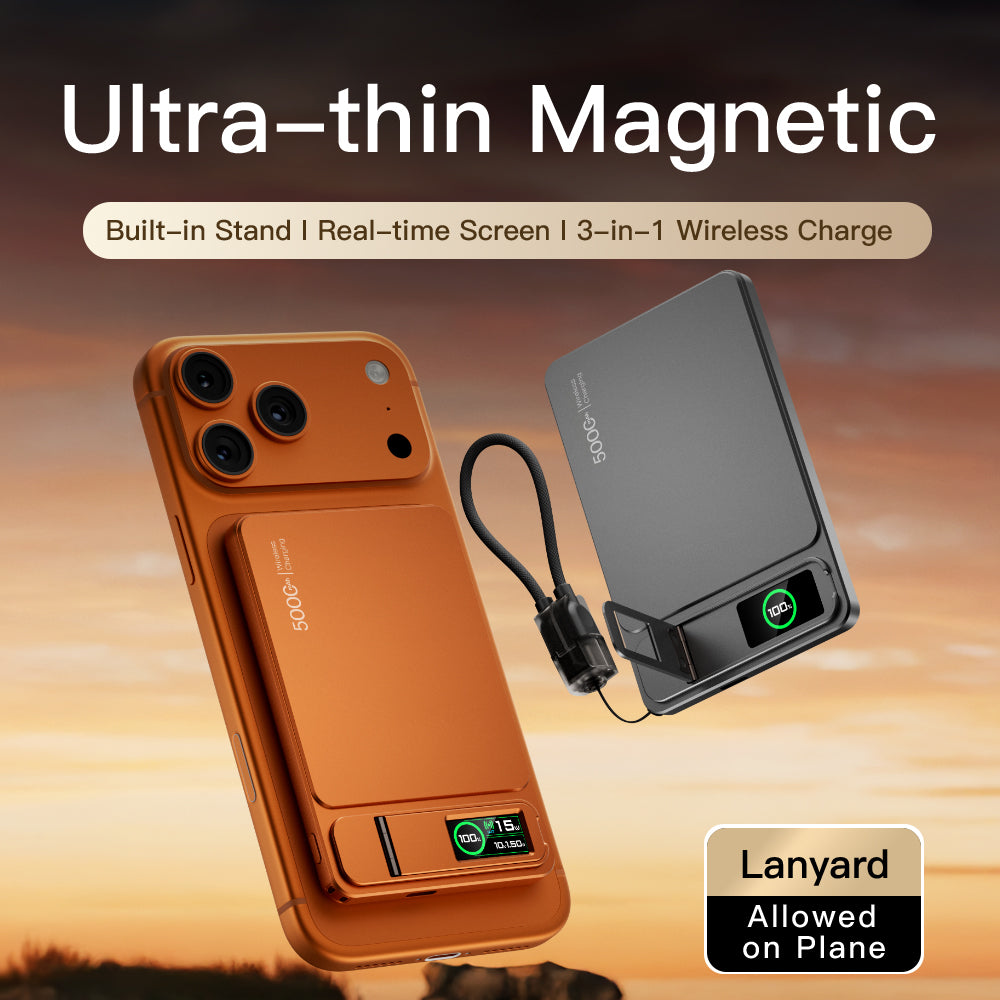 Ultra-thin magnetic wireless power bank with lanyard and digital screen attached to a phone