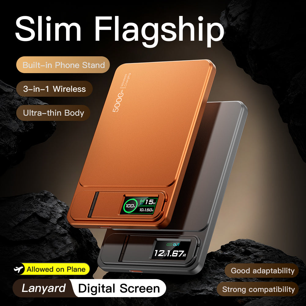 Slim magnetic power bank with digital display and lanyard in orange