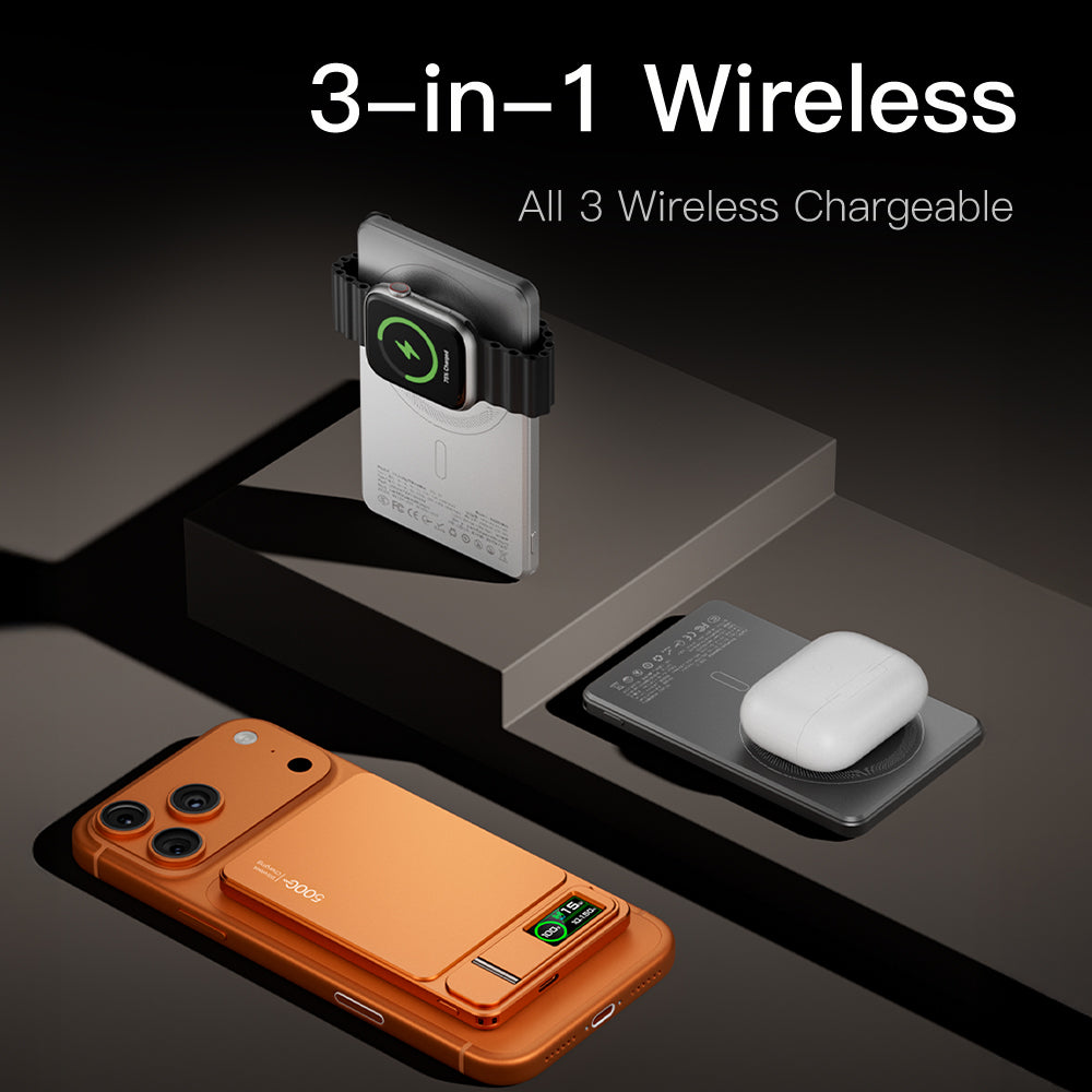Magnetic wireless power bank charging a phone, earbuds and smartwatch