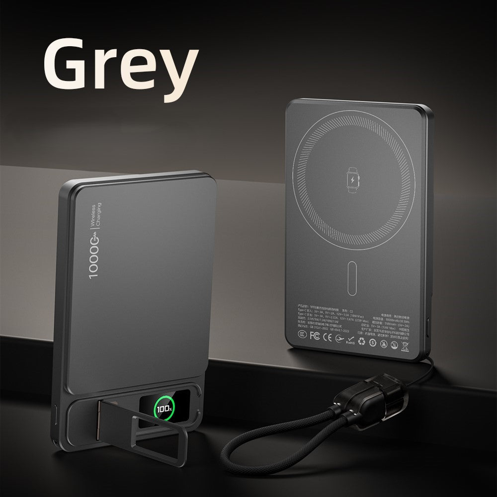 Grey magnetic wireless power bank with stand and lanyard